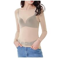 Chemisiers Et Blouses Femmes Couleur Unie À Manches Longues Tulle Transparent Tunique Tee Shirts Col Rond Casual Chemise Tunique Tops Blouse Vêtements Beige M