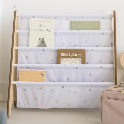 Image of 3 Sprouts Kids Bookshelf with Recycled Fabric - 4-Tier Sling Storage for Kids Rooms Holds 35 Titles - Toddler Organizer for Ages 3+ - Blueberry Mist