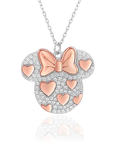 Disney Minnie Mouse Cubic Zirconia Two Tone Sterling Silver Necklace, Pink Plated Accents, 18" #TOP23