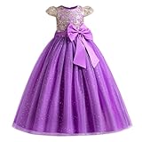 Flower Dress for Girls: Princess Dresses for Girls, Father Daughter Dance, Flower Girls Lace Bridesmaid Long A Line Holy Communion Wedding Pageant Tulle Party Gown Purple & Sequin 13-14 Years