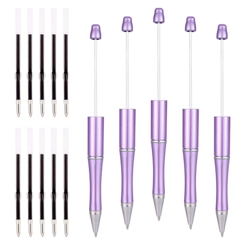 Magibeads 5Pcs Beadable Ballpoint Pens 1mm Black Ink Plastic Beaded Ball Point Pens 10Pcs Pen Refills DIY Pens for Office School Crafts Pens Making Supplies Teacher Student Graduation Purple