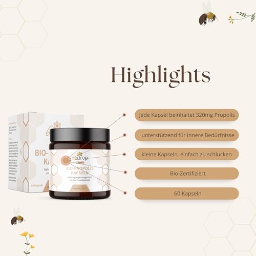 bedrop Bio Propolis Kapseln 800mg pro Kapsel hochdosiert - 60 Propolis Extrakt Kapseln aus Bio Imkerei - Reich an Polyphenolen & Flavonoiden - In nachhaltiger Glas Verpackung