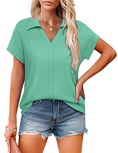 Vivilli Womens Tops And Blouses Looses Fit Soft Cotton Short Sleeve Women's V Neck Collared Shirts For Work Office Wear Shirts Spring Clothes For Women Office Bright Colors Lake Green Xl #TOP1