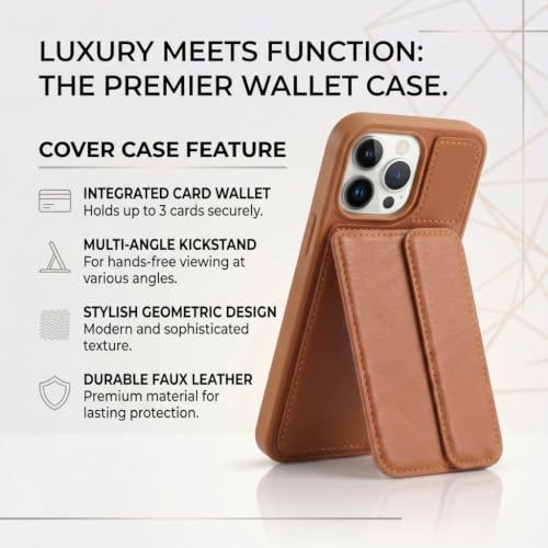 Image of amazon basics Luxury Vegan Leather Back Cover for iPhone 14 Pro | Built-in Card Holder Slot | Integrated Mobile Stand | Slim Shockproof Protective Case with Stitched Finish - Tan
