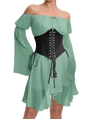 Image of Womens Green Corset Dress Off Shoulder Bell Sleeve Irregular Two Piece Outfits Bustier Dresses L