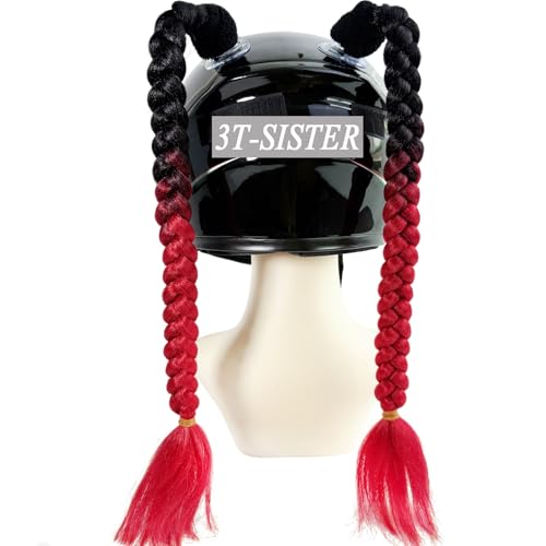 3T-SISTER Braids Pigtails with Suction Cup for Motorcycle, Ski, Bicycle Helmet Decoration 2 Pieces (Black to red)