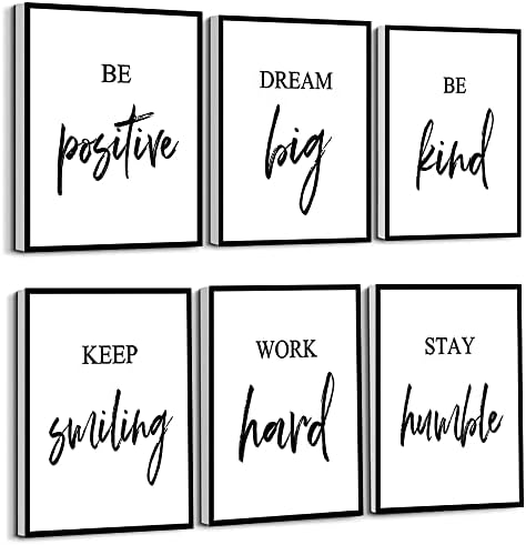Inspirational Wall Art, Framed Motivational Canvas Wall Art Positive Quote for Living Room Bedroom Office, Stretched Ready to Hang (Set of 6, 8X10in, Framed)