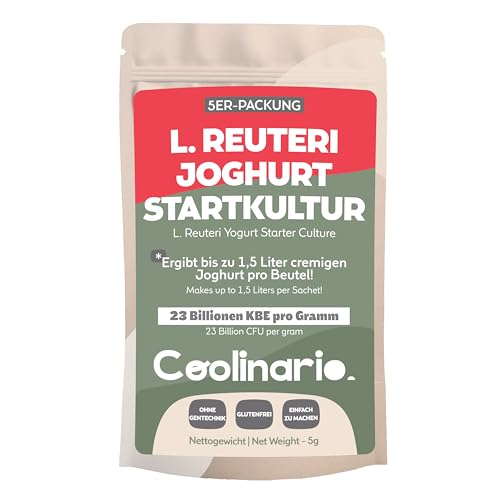 Coolinario Joghurtkulturen L Reuteri (5er-Pack, 1g Beutel) Lebende Kulturen mit Probiotika für Hausgemachten Joghurt | Cremig, Dick & Lecker | Ohne Gentechnik, Glutenfrei, Halal, Koscher