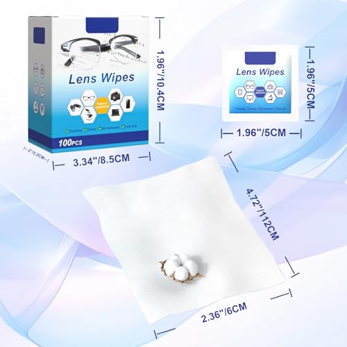 مناديل مبللة لتنظيف العدسات للنظارات والشاشات - 100 قطعة مغلفة بشكل فردي، مناديل مايكروفايبر مبللة مسبقا - خالية من الخطوط، مضادة للكهرباء الساكنة، امنة للنظارات والنظارات الشمسية والجوال وعدسة