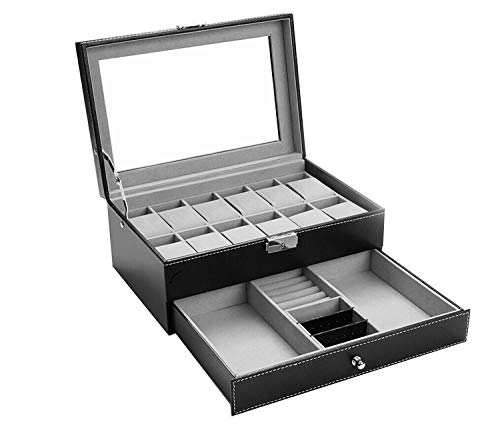 AUTOARK Cuir Boîte à 12 montre avec présentoir à bijoux tiroir verrouillable Organiseur de boîtier de montre,avec Dessus en Verre,Noir,AW-001 Cover
