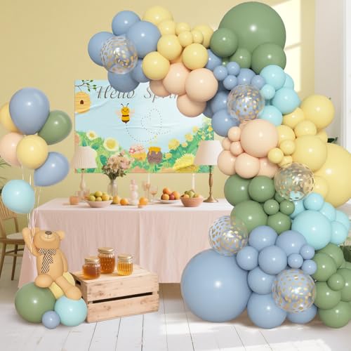 Image of Amandir 153pcs Blue and Yellow Sage Green Balloon Arch Kit Different Sizes | 18 12 10 5 inch Dusty Haze Blue Pastel Yellow Cream Gold Confetti Balloons for Birthday Party Bear Baby Shower Decorations