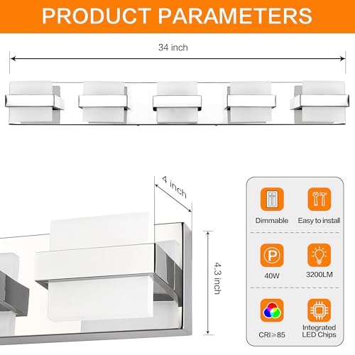 Image of SOLFART Chrome 5 Light Bathroom Vanity Lights Over Mirror, Modern Chrome Bathroom Light Fixtures LED Lights Dimmable