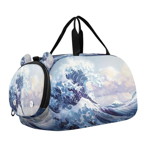 YETTASBIN Sport Travel Duffel Bag for Girls Boys, Sea Waves Large Waterproof Weekender Overnight Bag, Detachable Shoulder Strap Gym Bag with Shoe Compartment & Wet Pocket