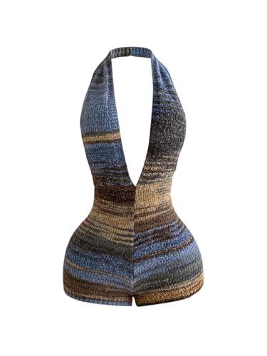 WDIRARA Womens Deep V Neck Backless Halter Knit Romper Striped Bodycon Shorts Jumpsuit Boho Multicolor Blue Medium
