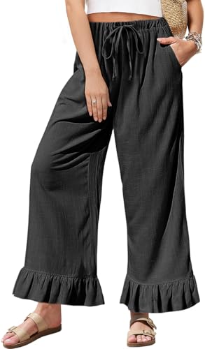 TARSE Women’s Linen Casual Pants Flared Leg Wide Leg Drawstring Ruffle Harem Palazzo Pants with Pockets