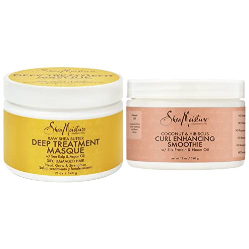SheaMoisture Curl and Shine Hair Masque and Curl Enhancing Smoothie for Curly Hair Coconut and Hibiscus Deep Conditioning Hair Treatment