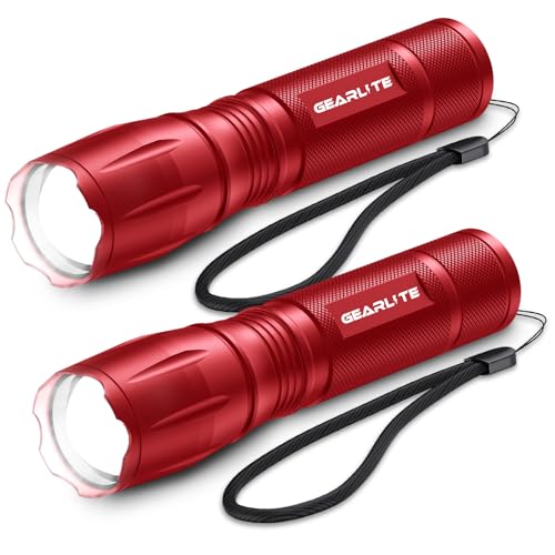 GEARLITE Linterna LED Potente 2 Piezas, 3000 Lumen Linternas LED Alta Potencia con 5 Modos, IP65 Impermeable Linterna Tactica, para Camping, Senderismo, Outdoor, Emergencia (Rojo, 2)