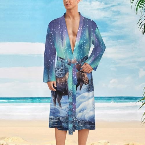 Alaskan Moose with Aurora Borealis Funny Men's Robe Soft Lightweight Bathrobe Long-sleeve Spa Robes2