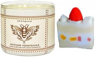 White Barn -Bath & Body Works- 3-Wick Scented Candle 14.5 OZ Burns 25-45 Hours and Strawberry Cake soap (Backyard Honeysuckle)