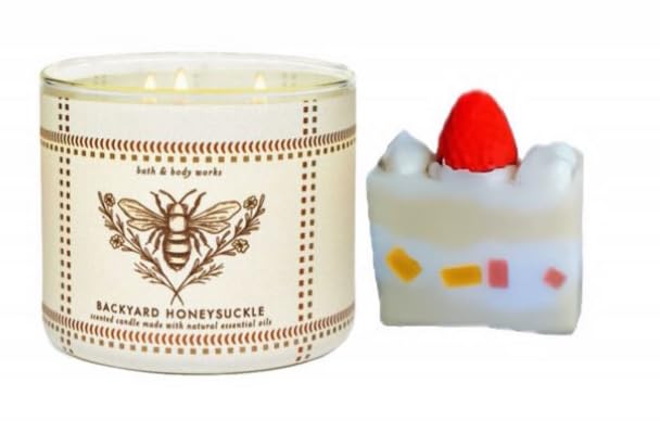 Bath & Body Works- 3-Wick Scented Candle 14.5 OZ Burns 25-45 Hours and Strawberry Cake soap (Backyard Honeysuckle)