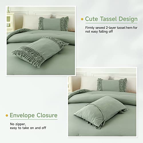 Cozytide Sage Green Bedding Set King Size, 3 Pcs Ultra Soft Boho Farmhouse Comforter Set, 100％ Washed Microfiber Inner Fill Bed Set (1 Tassel Comforter, 2 Pillows Cases) #TOP4