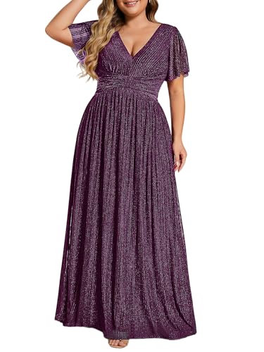 Image of Ever-Pretty Women's Plus Size Glitter Formal Dresses for Curvy Women A Line V Neck Gala Mother of Bride Dress Evening Gown
