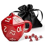 Generix Geek D20 RedDice Cube Ceramic Mug Set – Includes Lid, Vegan Leather Dice Pouch & 7 Red Dice – Ultimate Fantsy RPG Gamers Lovers Gift