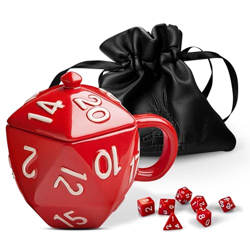 Generix Geek D20 RedDice Cube Ceramic Mug Set – Includes Lid, Vegan Leather Dice Pouch & 7 Red Dice – Ultimate Fantsy RPG Gamers Lovers Gift