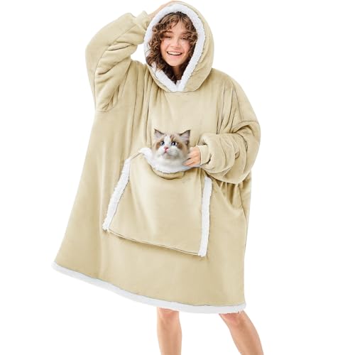 JOYWOO Beige Wearable Blanket Hoodie,Oversized Cat Lovers Sweatshirt Blanket for Adult, Birthday Gifts for Women,Mom,Grandma,Cozy Sherpa Hooded Blanket with Giant Pocket Winter Gifts,Beige Standard