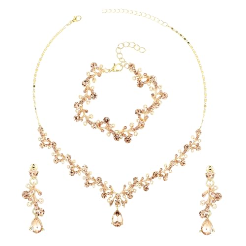 Yolev Strass Hochzeit Schmuckset Damen Brautschmuck Kristall Halskette Armband Ohrring Set Gold Braut Hochzeitsschmuck Brautjungfer Abschlussball Kostümzubehör Modeschmuck Set (Gold)