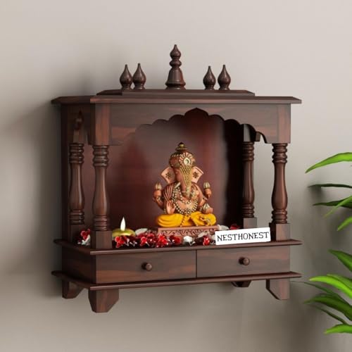 Image of Wall Mounted Solid Sheesham Wood Puja Mandir for Home Solid Wooden Temple for Puja Room with 2 Drawer Storage Pooja Ghar Wooden Furniture for Pooja Room Sheesham Wood, Walnut Finish (2 Drawers)