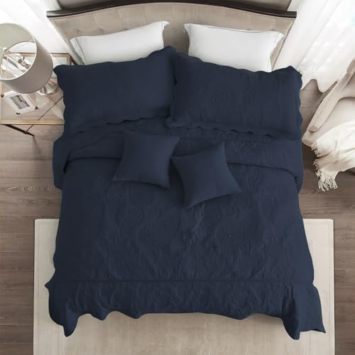 Image of HZ & HY Oversized Queen Bedspread, Stitched Paisley Quilt Set Queen Size, Lightweight Reversible Coverlet, Scalloped Edge - Deep Classic Look, 5 Piece, Polar Night