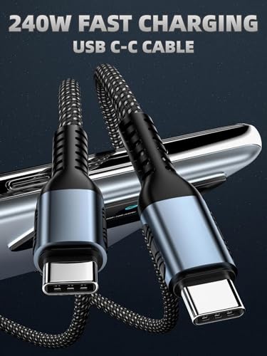 Image of [6.6 ft] 240W Type C USB C to C Cable for iPhone 17 Charger Fast Charging Nylon Braided Cable E-Marker Charger Cord [Silver Black]