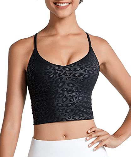 Lushforest Women Sports Bras, Print Longline Tank Top for Workout Fitness Gym Yoga Running Leopard Black