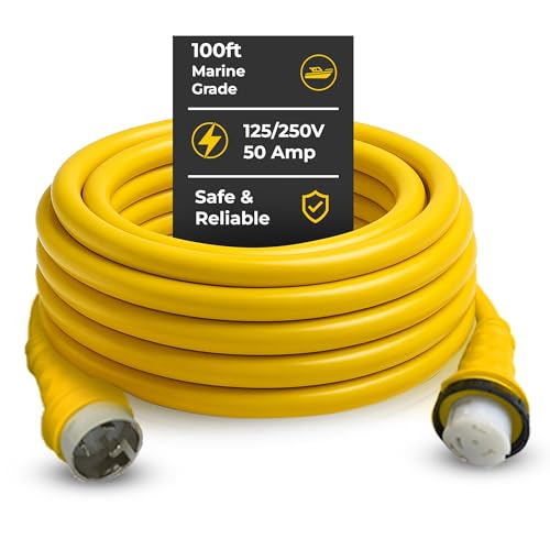 Amp Up Marine & RV Cords 125/250v 50 Amp X 100ft Shore Power Boat Heavy Duty NEMA Extension Cord with 2X L Shaped Terminals with Watertight Molded Ends, Twist Lock & ETL Listed from US Based Company