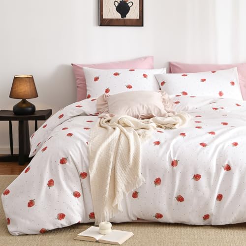 Bildenly Twin Size Duvet Cover - Red Strawberry Comforter Cover Black Dot Trim Soft Lightweight Microfiber Comforter Cover with Zipper Closure and 1 Pillowcase
