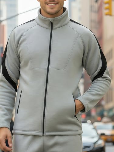 Image of CHKOKKO Men's High Neck Winter Tracksuit Set with Full-Zipper Upper & Elasticated Waist Jogger Pants | Warm Soft Solid Activewear for Gym, Running & Casual Use
