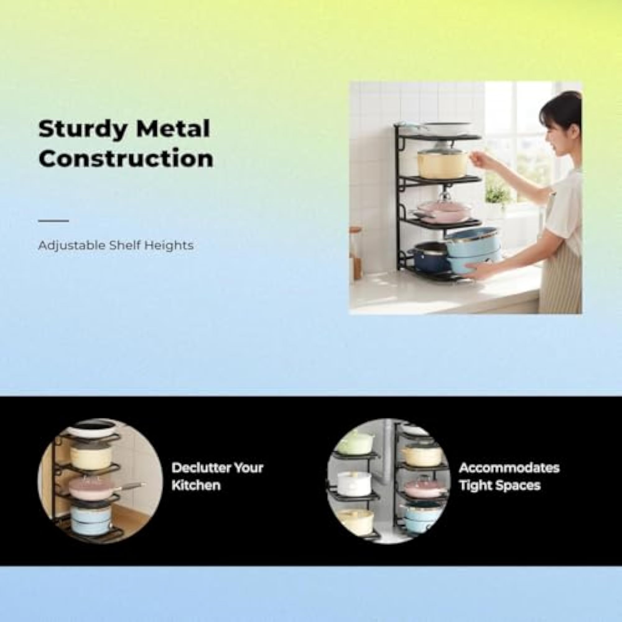 Pan Organizer Rack, Kitchen Storage Shelf, Adjustable Metal Wire, Space-Saving Silver 2 Tier