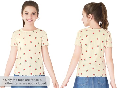 2 Pack Girls Lettuce Trim Tee Shirts - Light Blue Ditsy Floral & Pink Pointelle Knit Blouse Tops Size 6-162