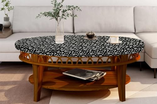 Image of The Furnishing Tree Elastic Oval Center Table Cover WxL 30x48 in Inches Polyester Floral Pattern White