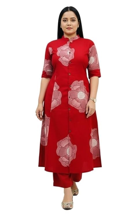 gori fashion Floral Collared Neck Straight Fit Kurta and Palazzo Set (red) XXL-image-28