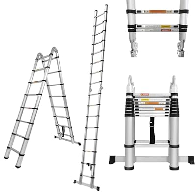 Telescoping Ladder A-Frame 16.5ft Aluminum Extension Ladder, 15 Steps Adjustable Height with Support Bar Anti-Slip Feet, 330lbs Max Load, Space Saving & Easy to Transport, Heavy Duty RV Home Ladder