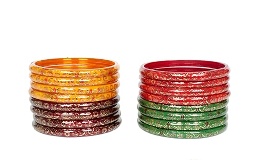 Image of Swara Creations Red Green Mehrun Yellow Bangles for Women /Digital Prints Bangles /Light Shiny Prints /Glass Bangles (16Pcs)(SKU270)
