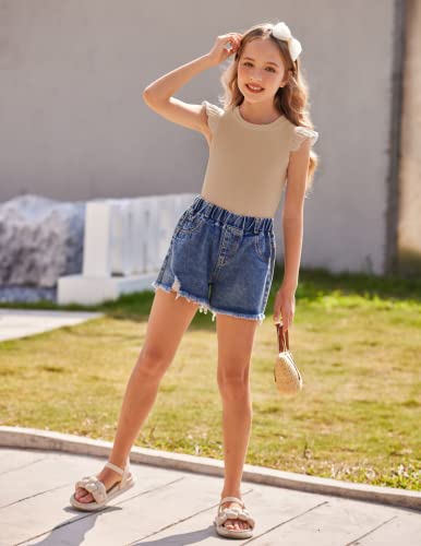 Image of Flypigs Girls T Shirts Ruffle Sleeve Summer Casual Ribbed Knit Crewneck Tee Tops Blouses