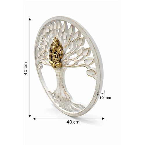 Image of Art Street Ganesha Wall Plaque with Tree of Life Design, MDF Round Plaque, White and Gold Decor, Laser-Cut Lord Ganesha Idol for Pooja Room, Living Room, or Office, Spiritual Home Decor, 40x40 cm