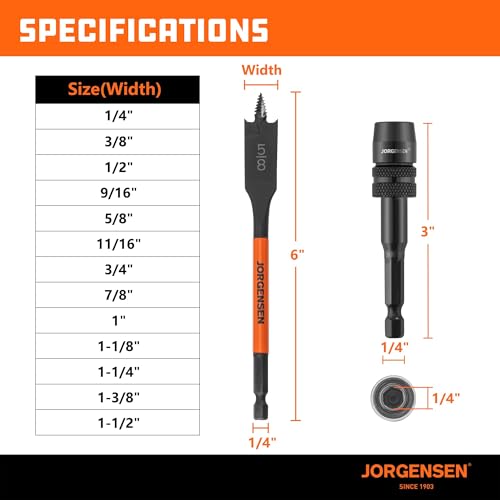 Image of Jorgensen 14-Piece Spade Drill Bit Set with Quick-Load Connector, High-Performance Carbon Steel Paddle Bits for Woodworking, Self-Feeding Threaded Tip, Assorted Bits 1 /4 inch to 1-1 /2 inch with Storage Pouch