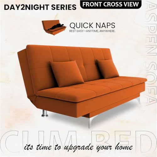Image of Adorn India Premium New Aspen 3 Seater Sofa Cum Bed 4X6 Velvet Suede with 2 Cushions (Color Orange) and Suitable for All Indoor, with 3 Years Warranty