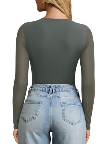 PINKMSTYLE Womens Sexy Square Neck Tops Sheer Mesh Long Sleeve Bodysuit Night Out Outfits Grey Green X-Large — view 4