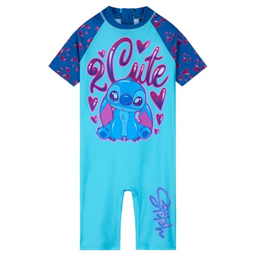 Disney Badeanzug Mädchen, Neoprenanzug Kurze Ärmel, Kurze Hose & Reißverschluss - Mädchen Geschenke (Blau/Dunkelblau Stitch, 7-8 Jahre)