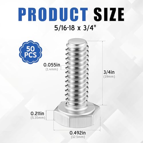 Image of Zonon 50 Pcs 5 /16-18 x 3 /4 inch Hex Head Screw Bolt 18-8 (304) Stainless Steel Hexagon Bolts, Fully Threaded, Plain Finish, External Hex Drive (Silver)